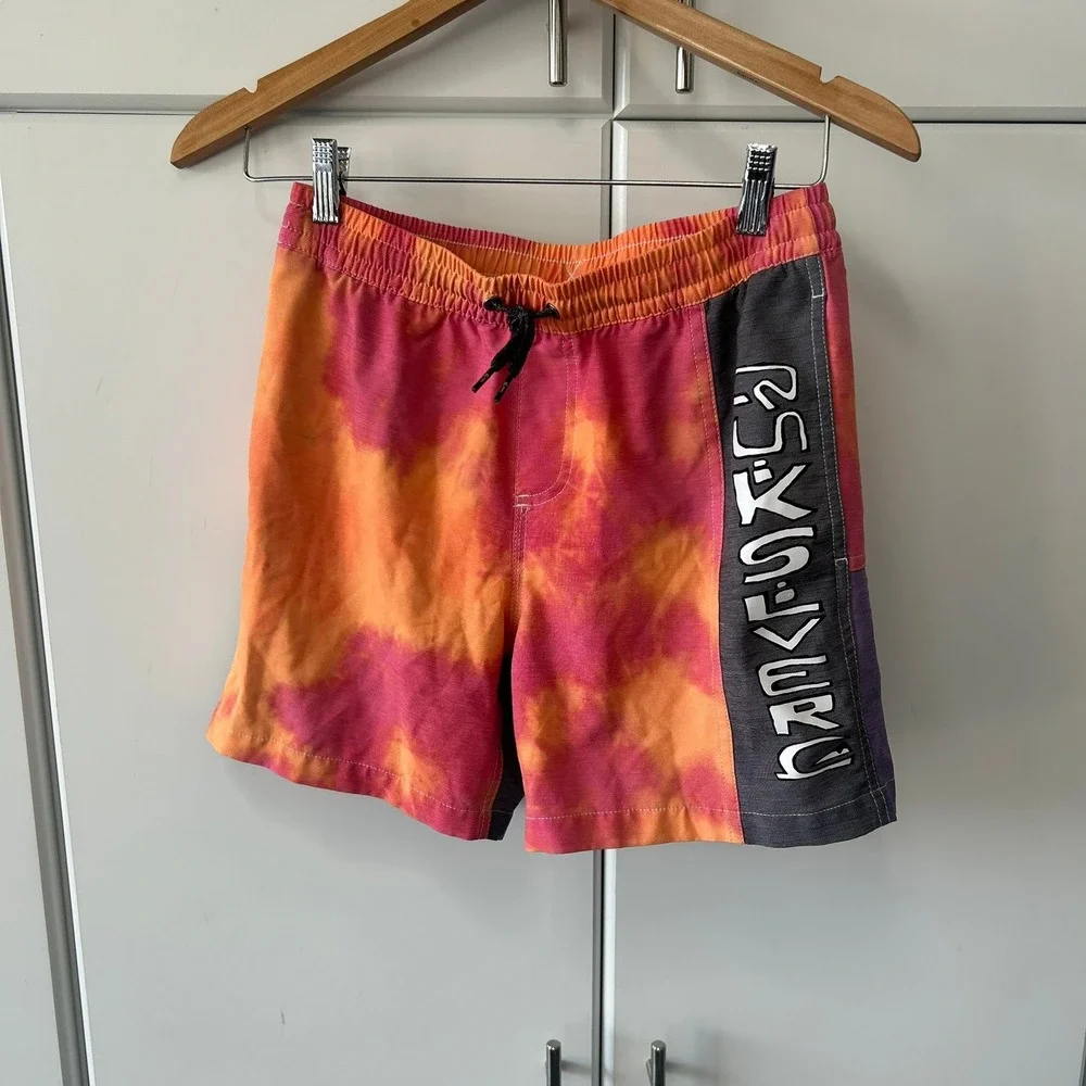 Quiksilver Boys Orange Pink Tie Dye Board Shorts Logo Swim Trunks Size L 14